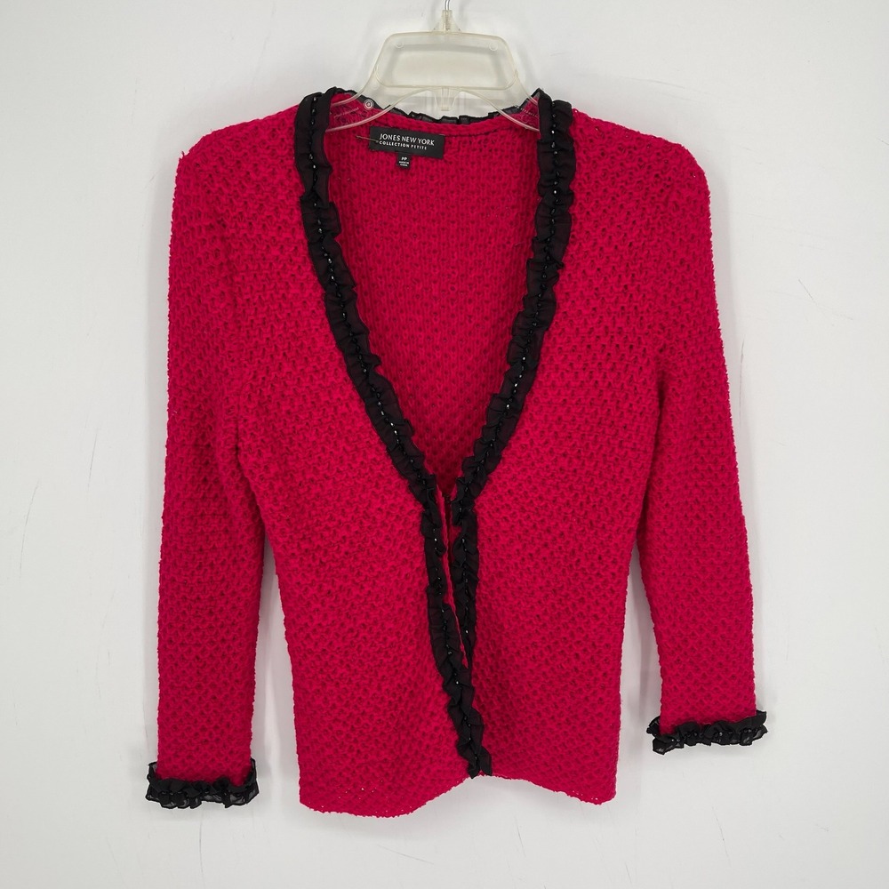 Jones New York Women's Pink Ruffle Beaded Open Front Cardigan Sweater Size XSP